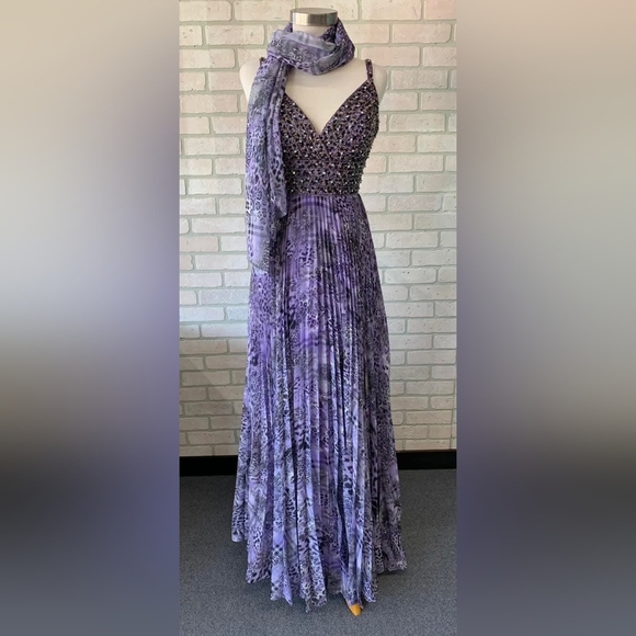 Tony Bowls La Gala Purple Leopard Pleated Maxi Gown - Picture 5 of 14